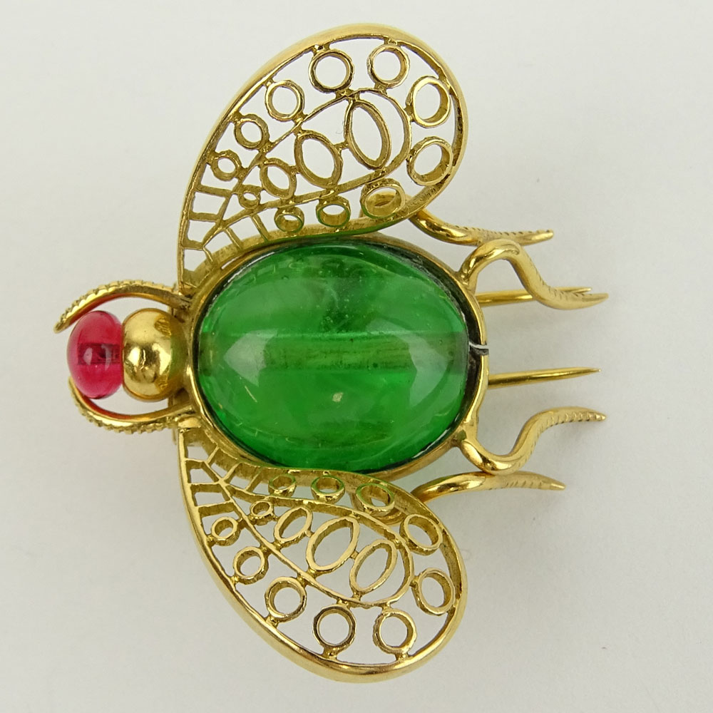 Vintage 14 Karat Yellow Gold Fly Brooch with Green Glass Body and Tourmaline Head.