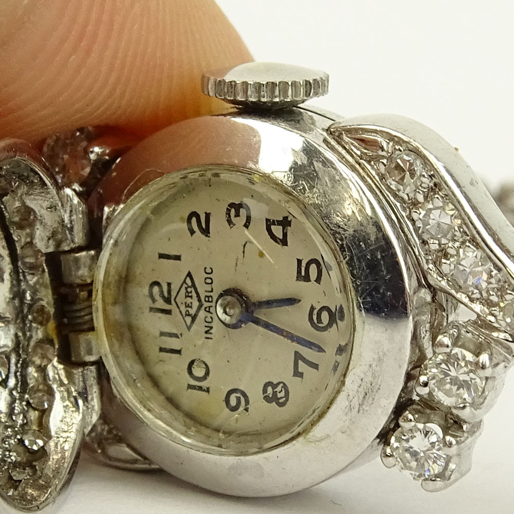 Lady's Retro Approx. 3.75 Carat Marquise and Round Brilliant Cut Diamond and 14 Karat White Gold Bracelet Manual Movement Watch.
