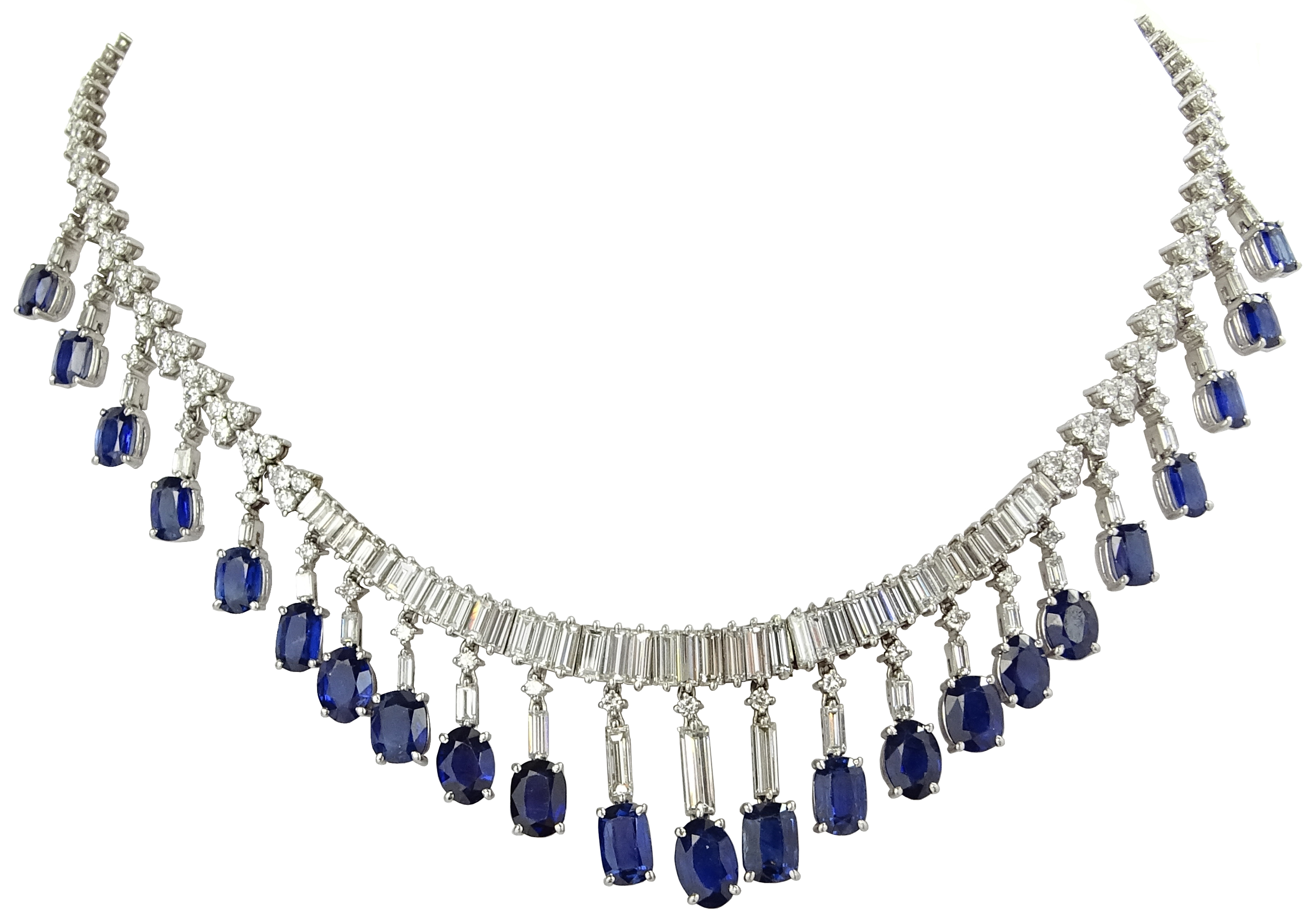 Vintage Approx. 40.0 Carat Oval Cut Sapphire, 17.50 Carat Round Brilliant and Baguette Cut Diamond and Platinum Necklace. 