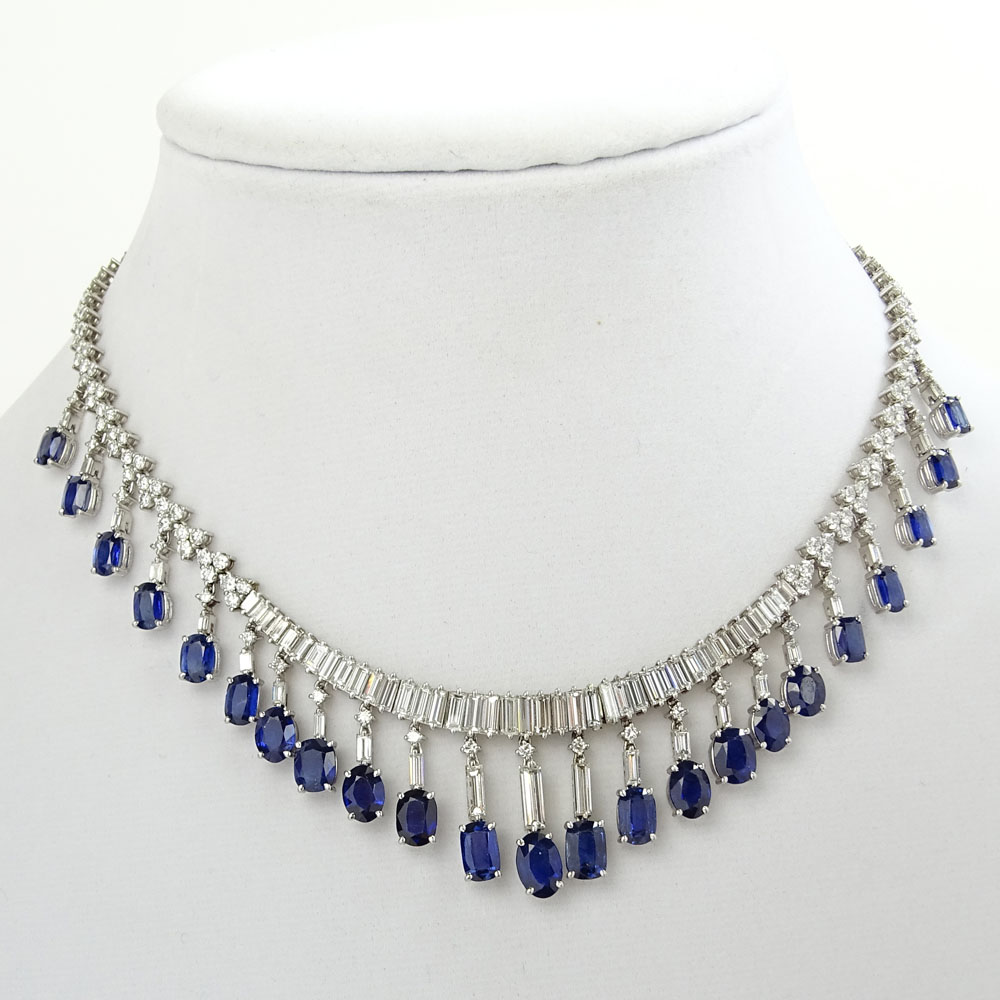 Vintage Approx. 40.0 Carat Oval Cut Sapphire, 17.50 Carat Round Brilliant and Baguette Cut Diamond and Platinum Necklace. 