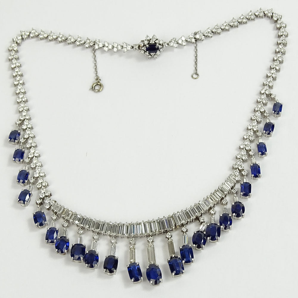 Vintage Approx. 40.0 Carat Oval Cut Sapphire, 17.50 Carat Round Brilliant and Baguette Cut Diamond and Platinum Necklace. 