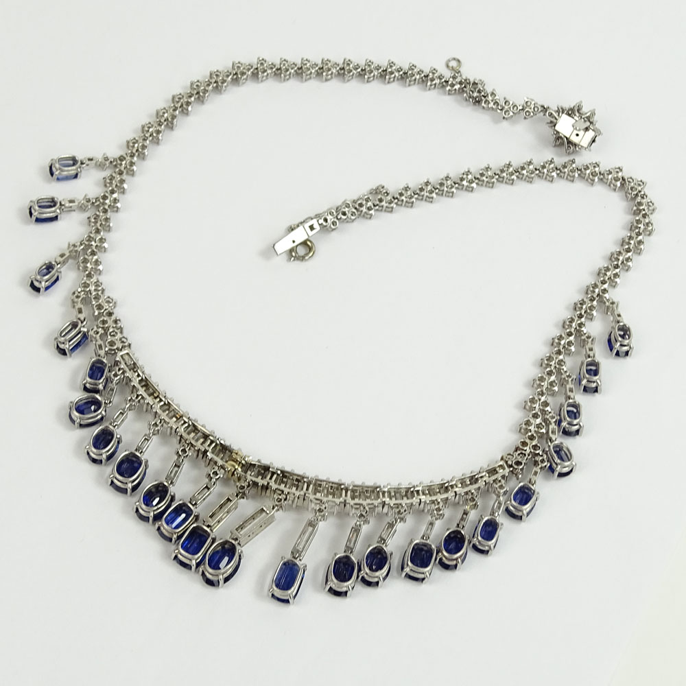 Vintage Approx. 40.0 Carat Oval Cut Sapphire, 17.50 Carat Round Brilliant and Baguette Cut Diamond and Platinum Necklace. 