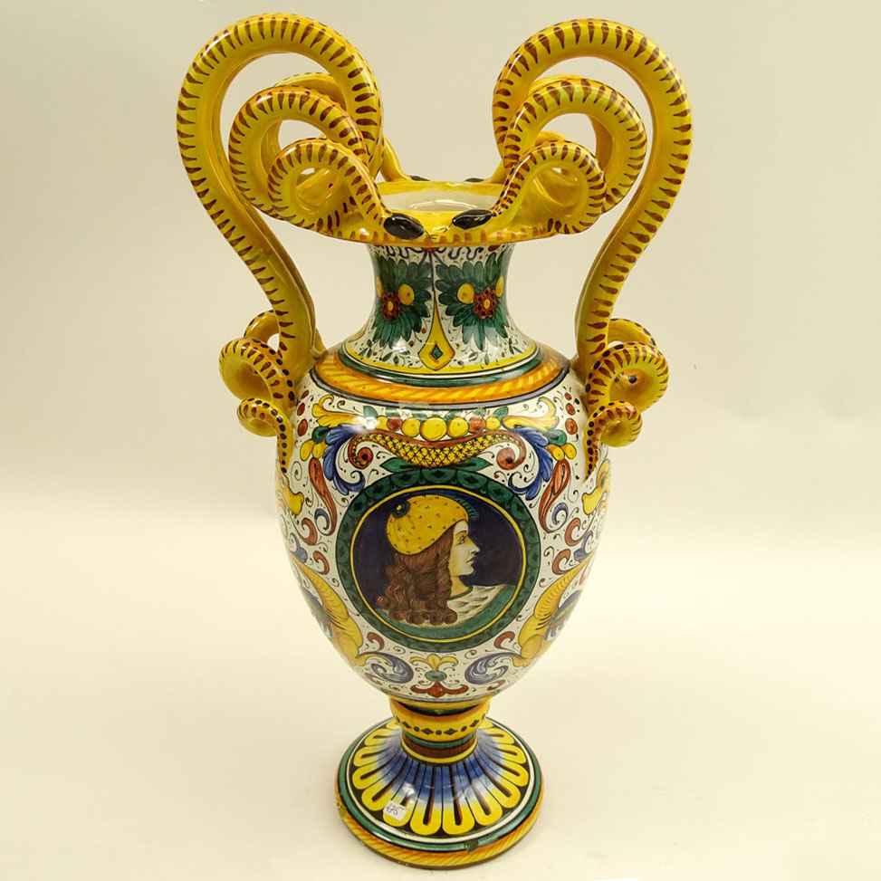 Large Vintage Italian Deruta Majolica Vase with Snake Handles.