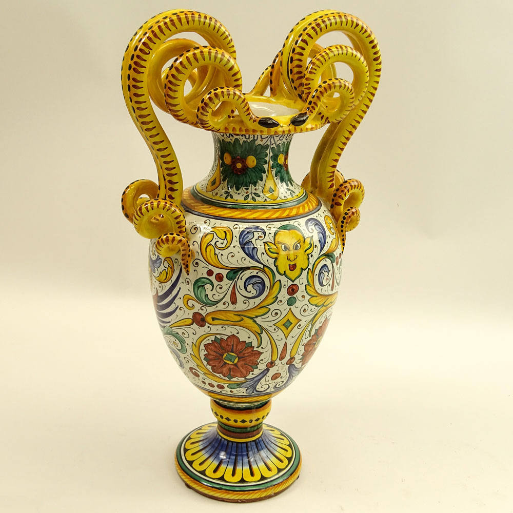 Large Vintage Italian Deruta Majolica Vase with Snake Handles.