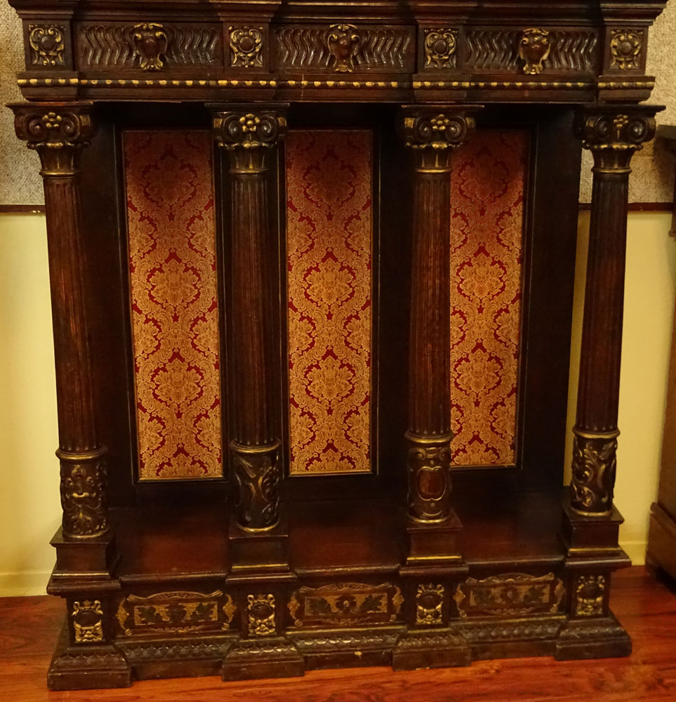 18th Century Italian Tuscan Renaissance Style Carved Polychrome and Gilt Walnut Court Cupboard.