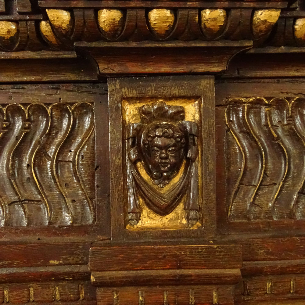 18th Century Italian Tuscan Renaissance Style Carved Polychrome and Gilt Walnut Court Cupboard.