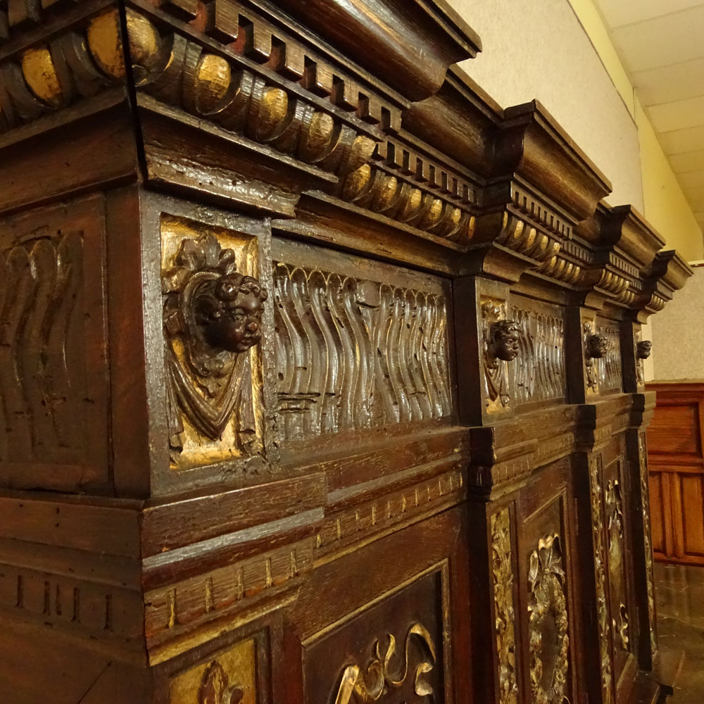 18th Century Italian Tuscan Renaissance Style Carved Polychrome and Gilt Walnut Court Cupboard.