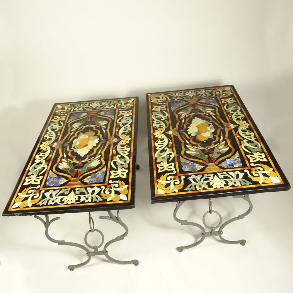 Pair 19th Century Pietra Dura Table Tops on Later Wrought Iron Bases.