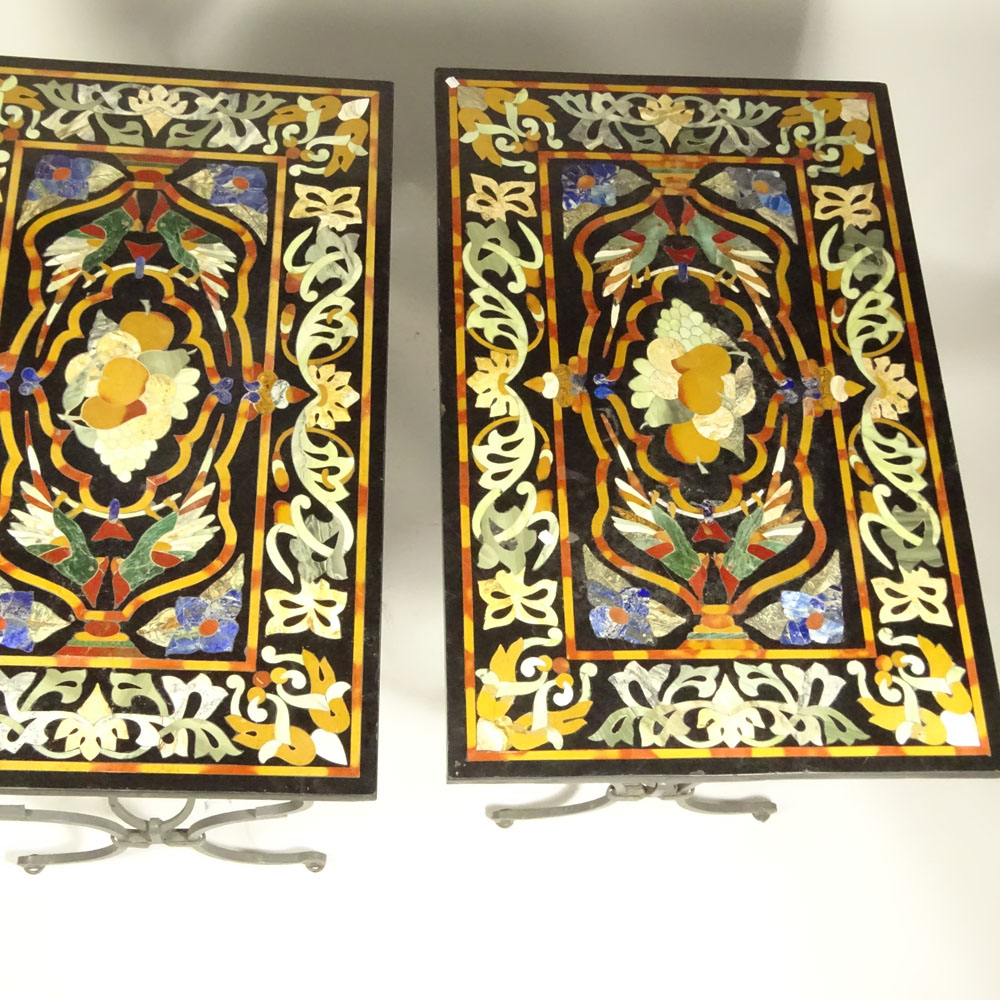 Pair 19th Century Pietra Dura Table Tops on Later Wrought Iron Bases.