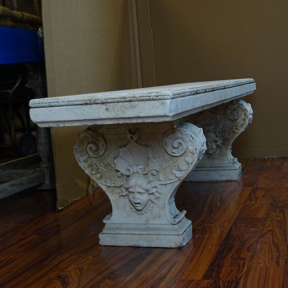 19th Century Carved Carrera Marble Garden Bench.