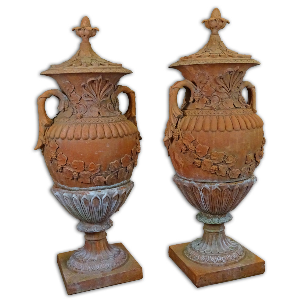 Pair of Monumental Decorative Pair Of Terracotta Garden Urns With Circular Lids.