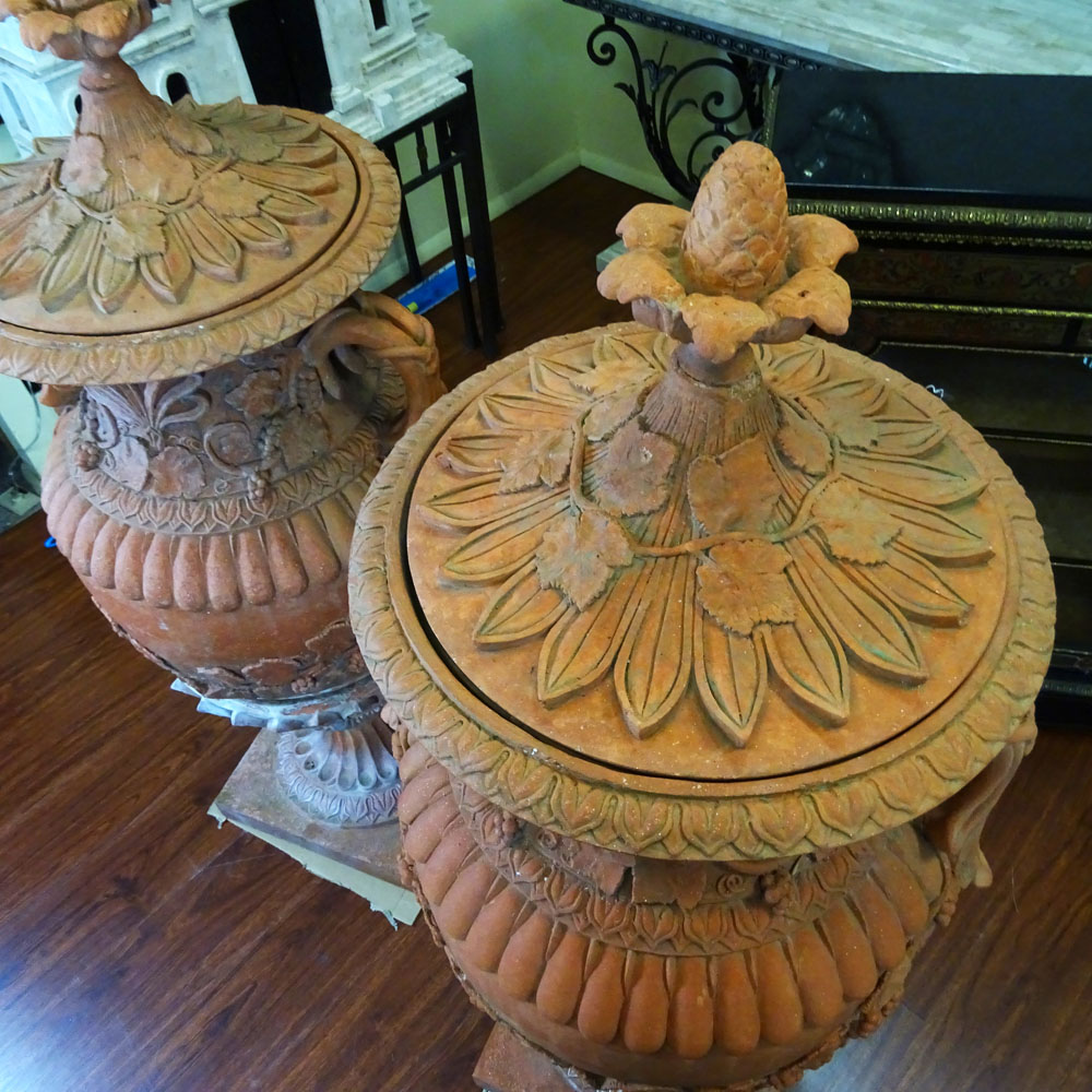 Pair of Monumental Decorative Pair Of Terracotta Garden Urns With Circular Lids.