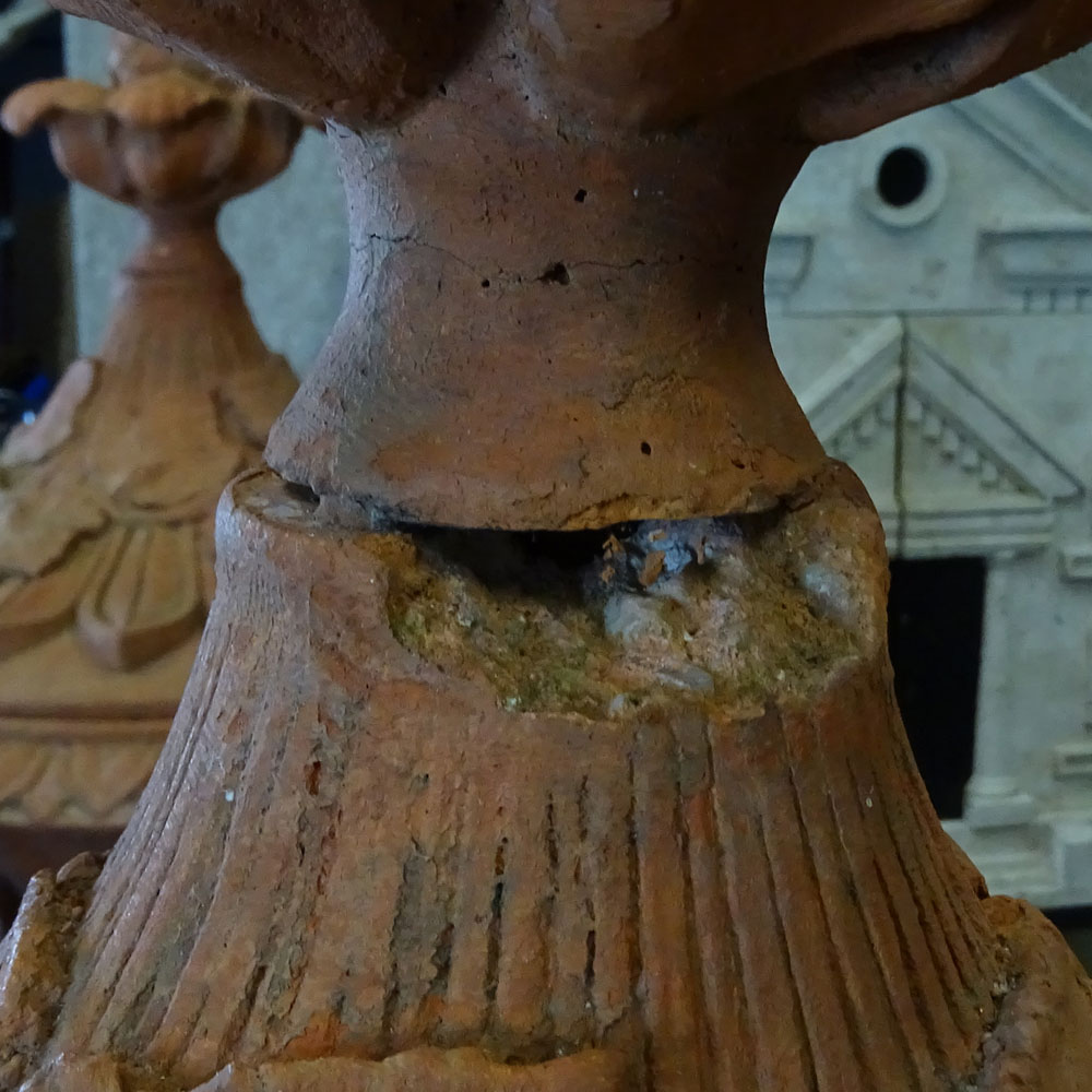 Pair of Monumental Decorative Pair Of Terracotta Garden Urns With Circular Lids.