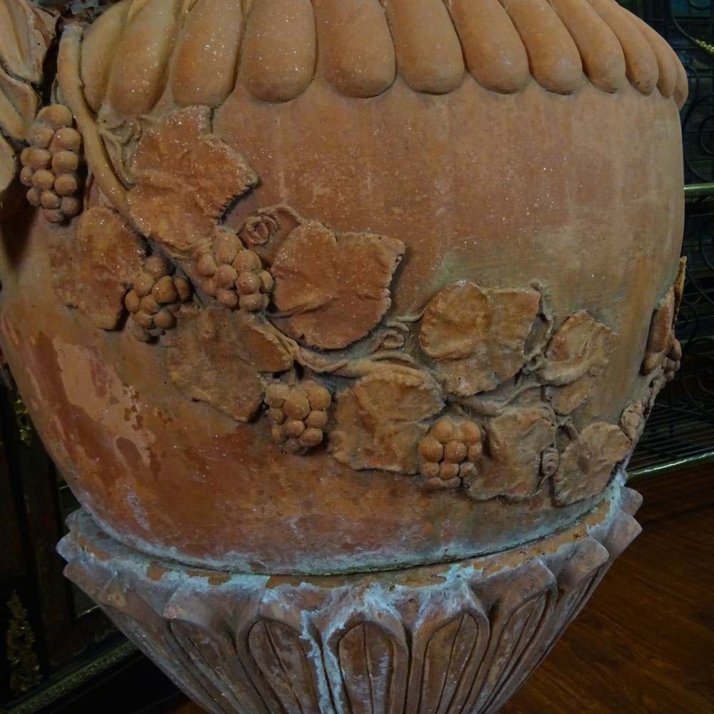 Pair of Monumental Decorative Pair Of Terracotta Garden Urns With Circular Lids.