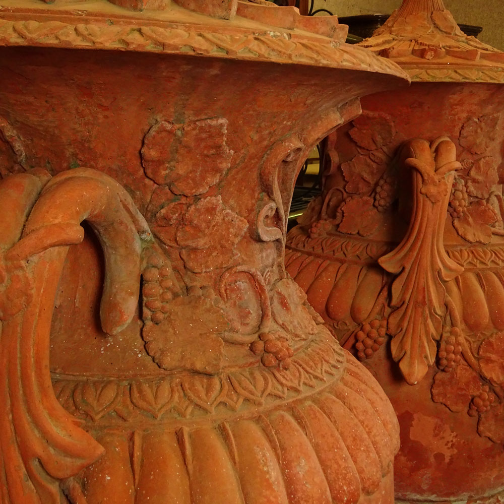 Pair of Monumental Decorative Pair Of Terracotta Garden Urns With Circular Lids.