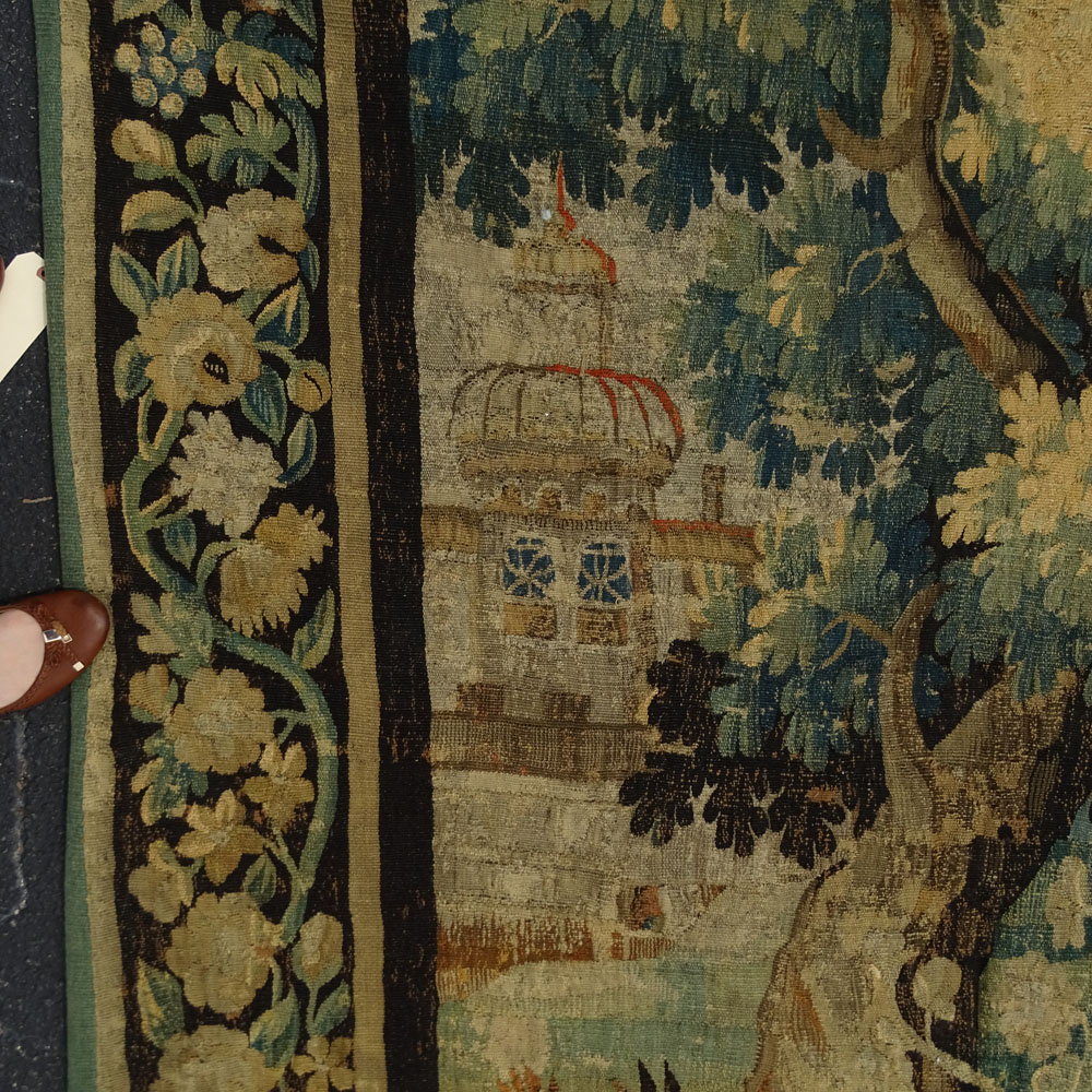 Large 17/18th Century Flemish Tapestry. Scene depicting a tree in landscape with buildings and animals. Lined.