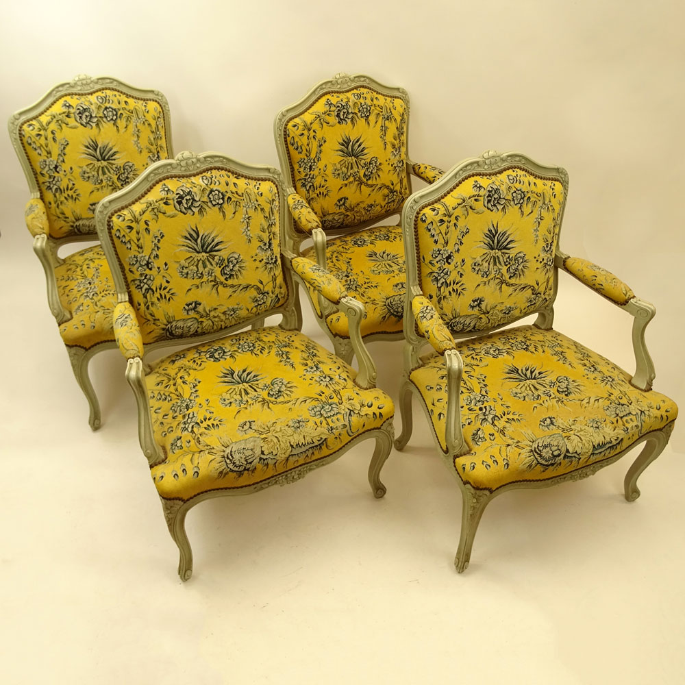 Set of Four (4) 19th Century French Louis XV style Carved and Painted Fauteuils with Petit Point Upholstery.