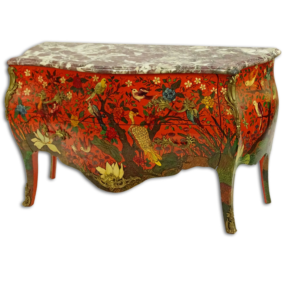 Early 20th Century Artist Painted Louis XV style Bronze Mounted Bombe Commode with Breche Violette Marble Top