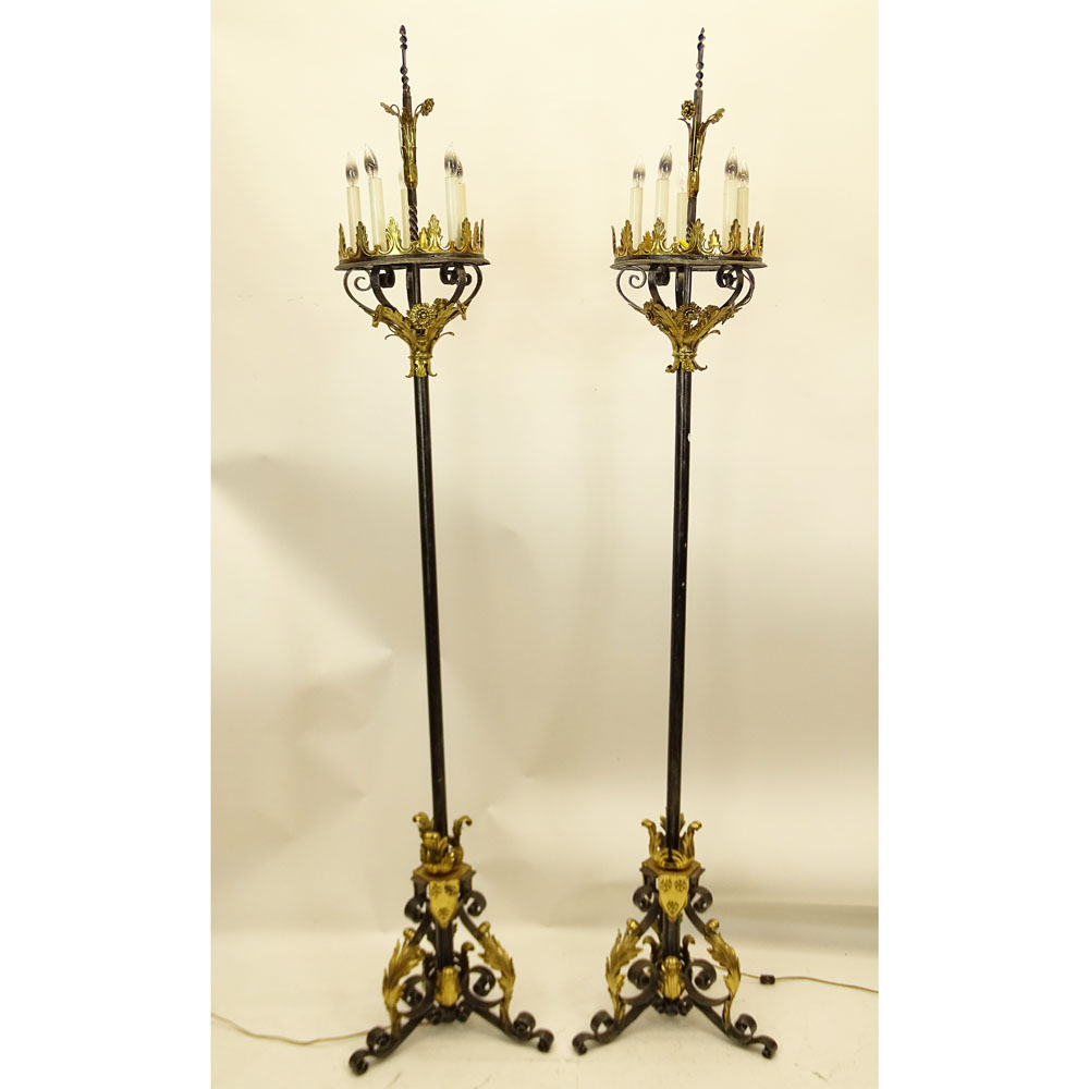 Pair of Five (5) Light Hand Wrought Iron and Brass Torchieres With Decorative Gilded Foliate Motifs.