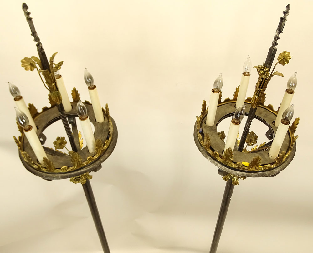 Pair of Five (5) Light Hand Wrought Iron and Brass Torchieres With Decorative Gilded Foliate Motifs.