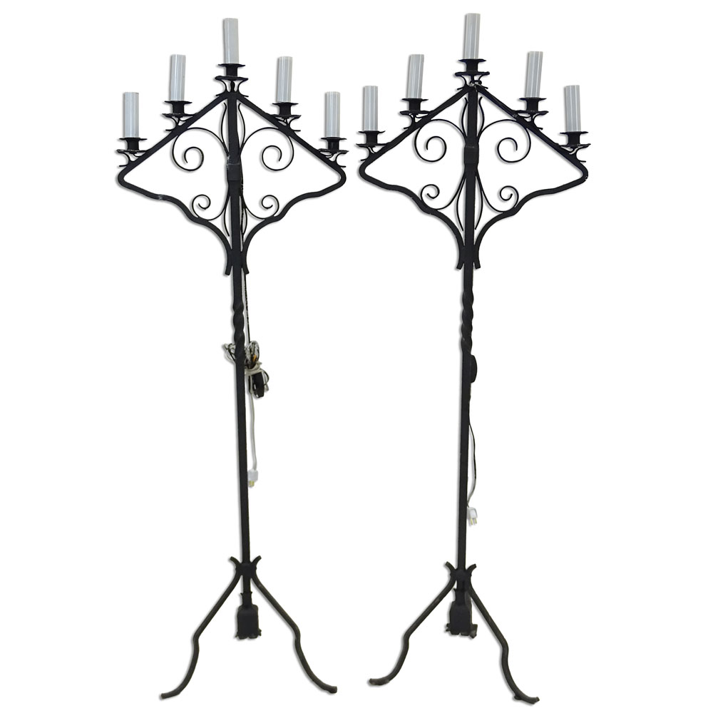 Pair Large Vintage Wrought Iron Standing Candelabra Now As Lamps. Each with Five (5) Lights.