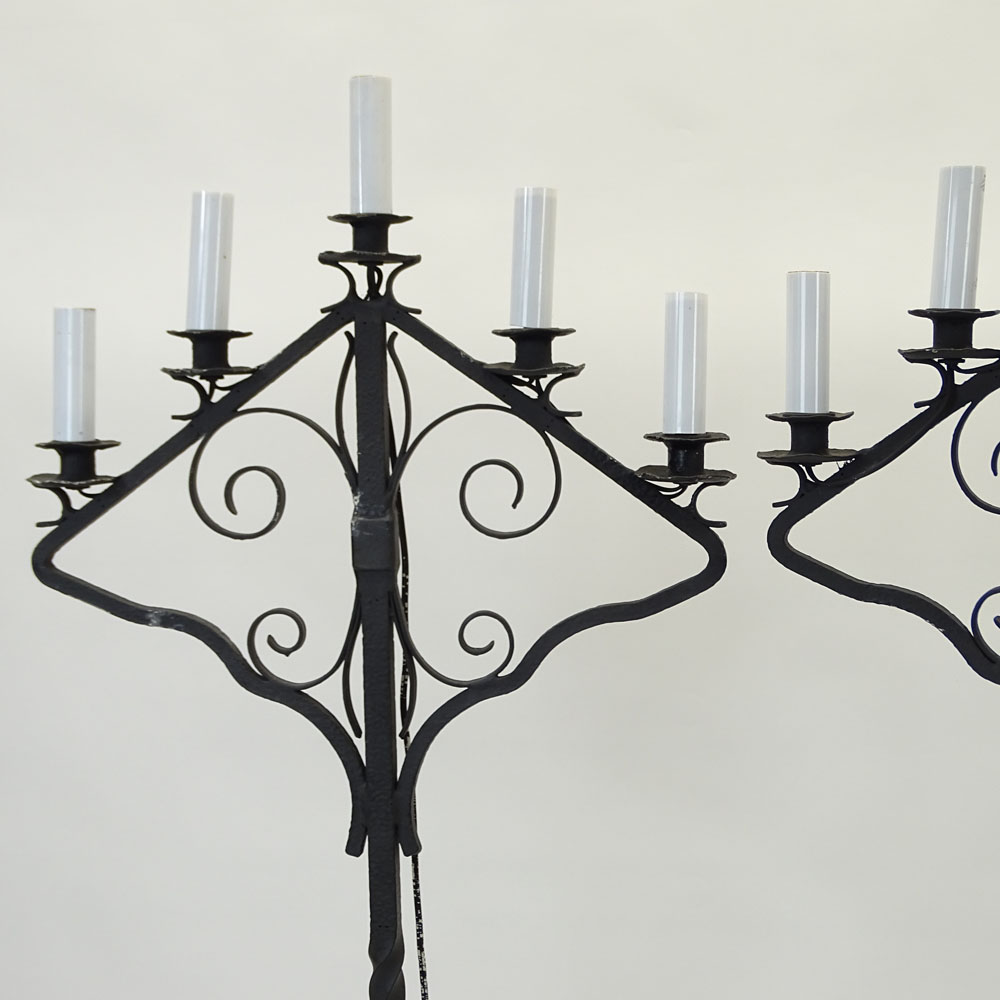 Pair Large Vintage Wrought Iron Standing Candelabra Now As Lamps. Each with Five (5) Lights.