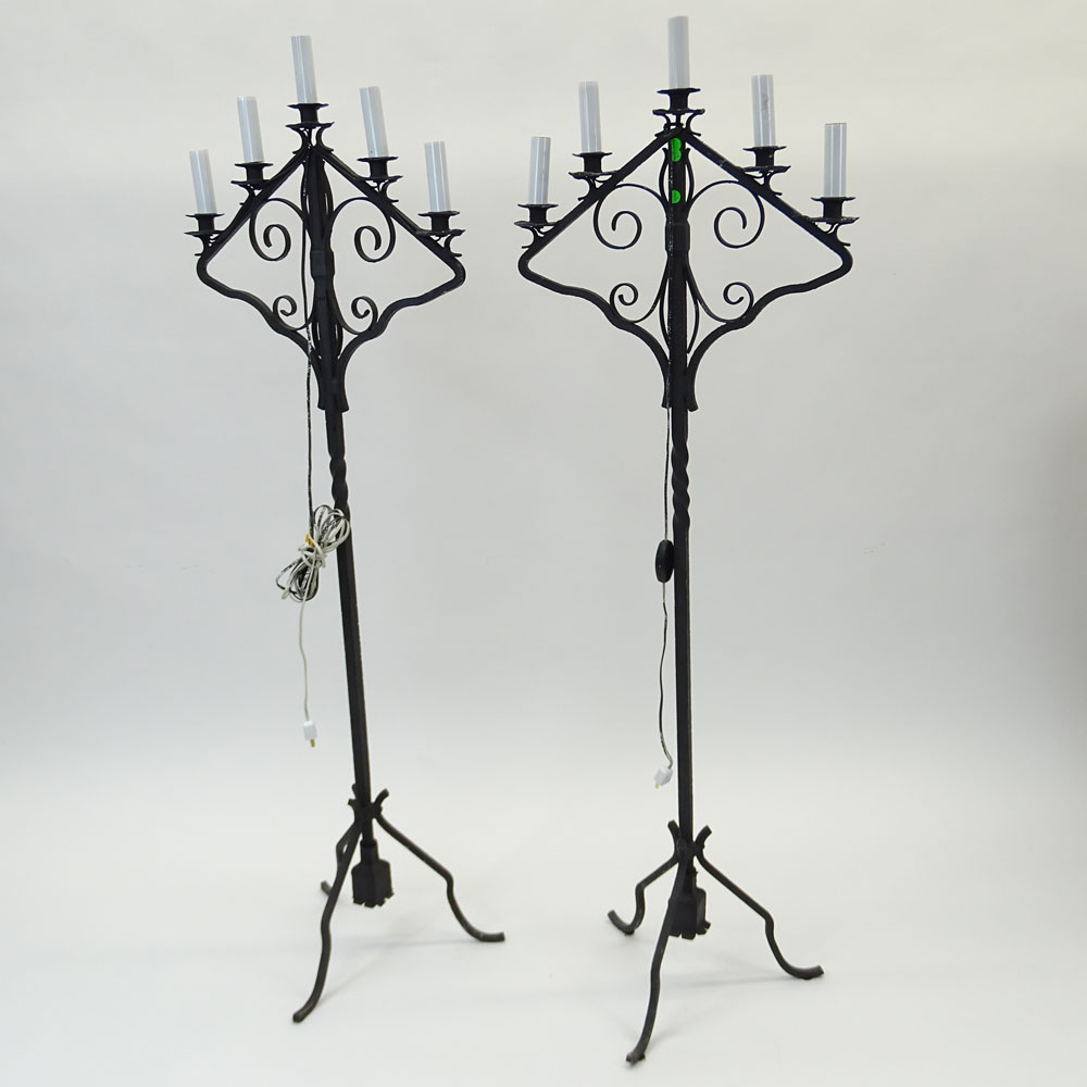 Pair Large Vintage Wrought Iron Standing Candelabra Now As Lamps. Each with Five (5) Lights.