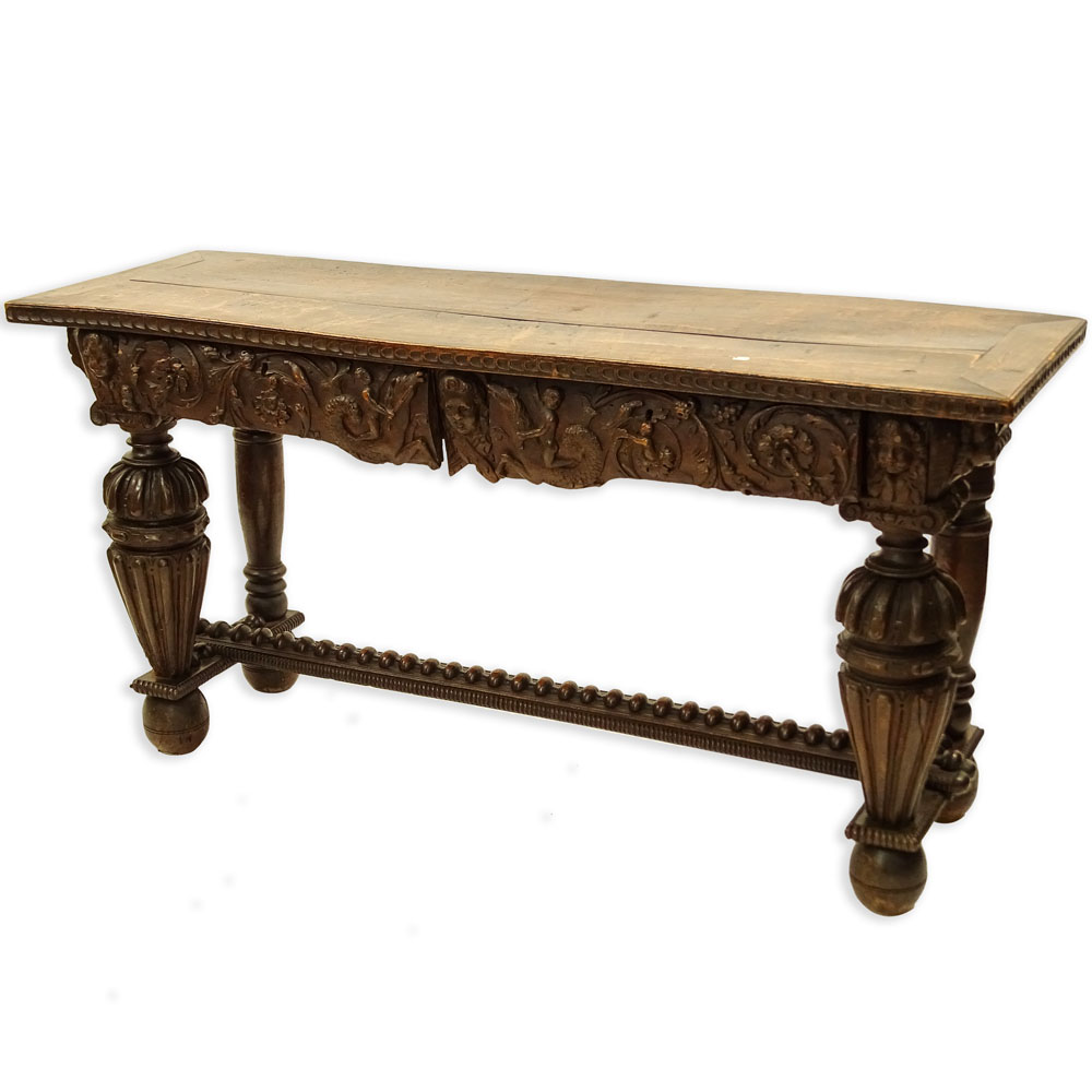 18th Century Italian Renaissance Carved Walnut Console Table With Two Drawers.