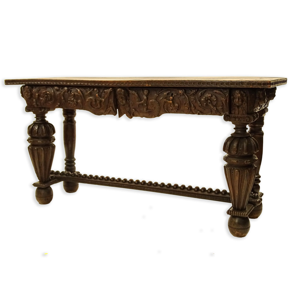 18th Century Italian Renaissance Carved Walnut Console Table With Two Drawers.