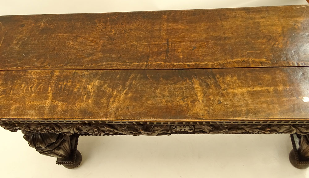 18th Century Italian Renaissance Carved Walnut Console Table With Two Drawers.