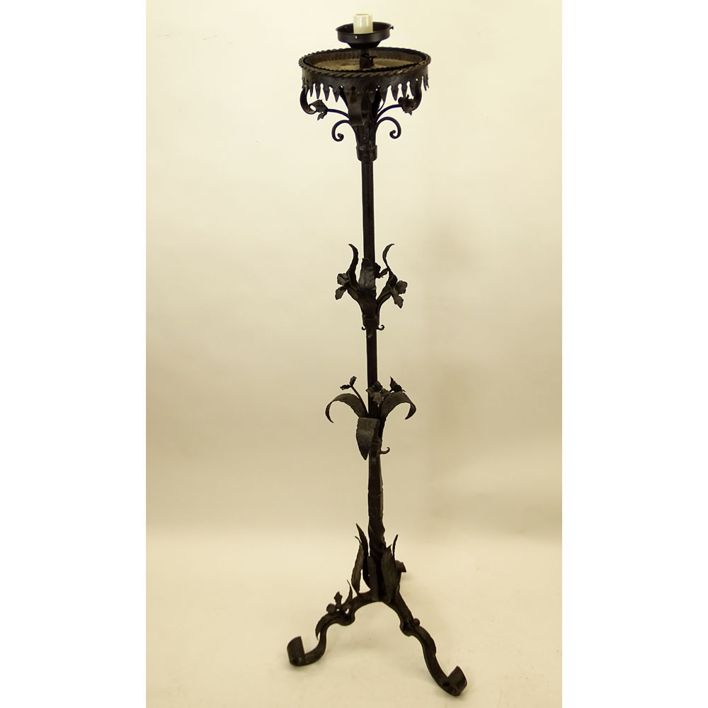 Antique Wrought Iron Torchiere, Now Wired. Floral and foliate motif. 