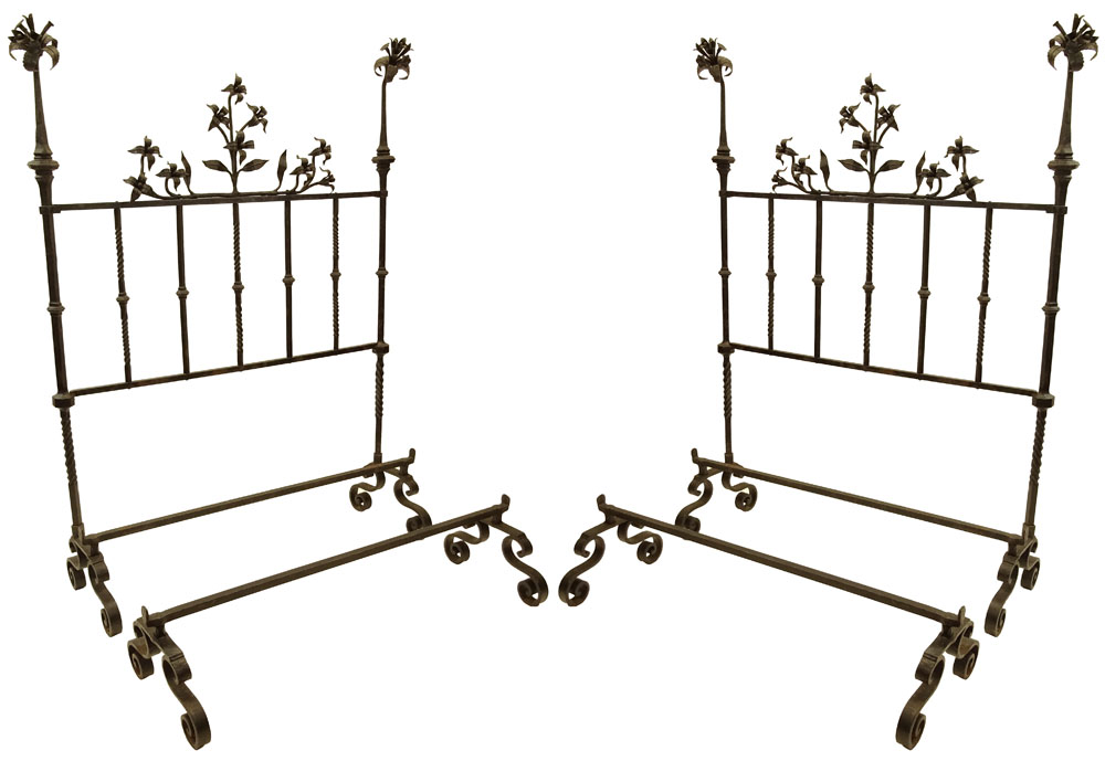 Pair 19th Century Italian Heavy Wrought Iron Bed Frames.