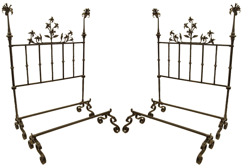 Pair 19th Century Italian Heavy Wrought Iron Bed Frames.