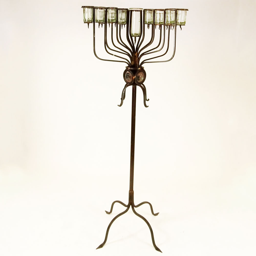 Large 20th Century Wrought Iron and Glass Torchiere.