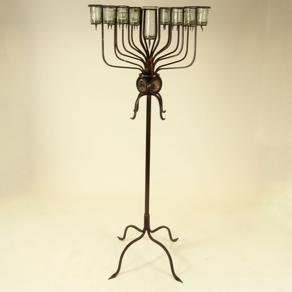 Large 20th Century Wrought Iron and Glass Torchiere.