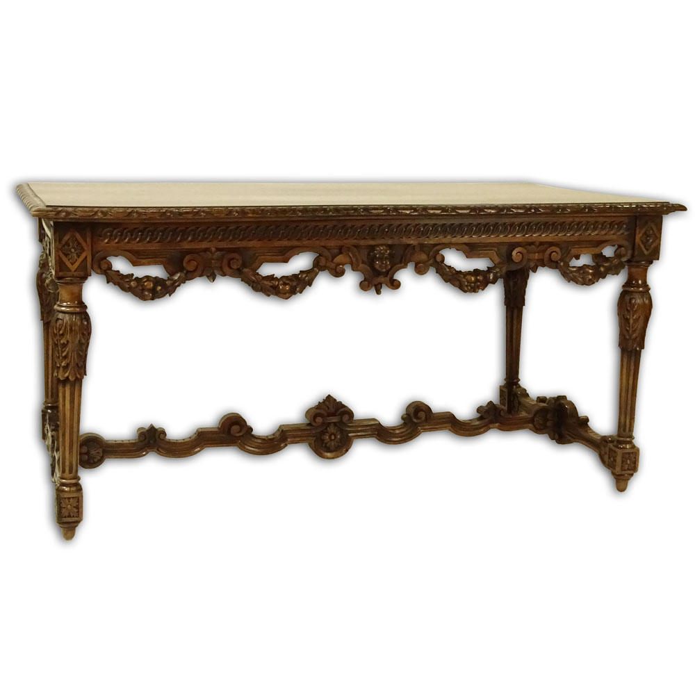 19/20th Century French Carved Walnut Center Table, With Carved Swag and Mask Decoration. 
