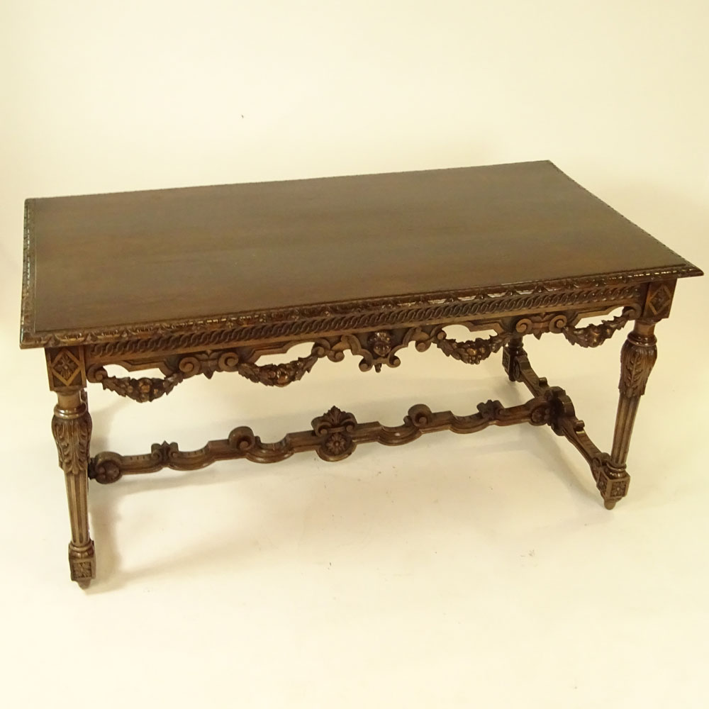 19/20th Century French Carved Walnut Center Table, With Carved Swag and Mask Decoration. 