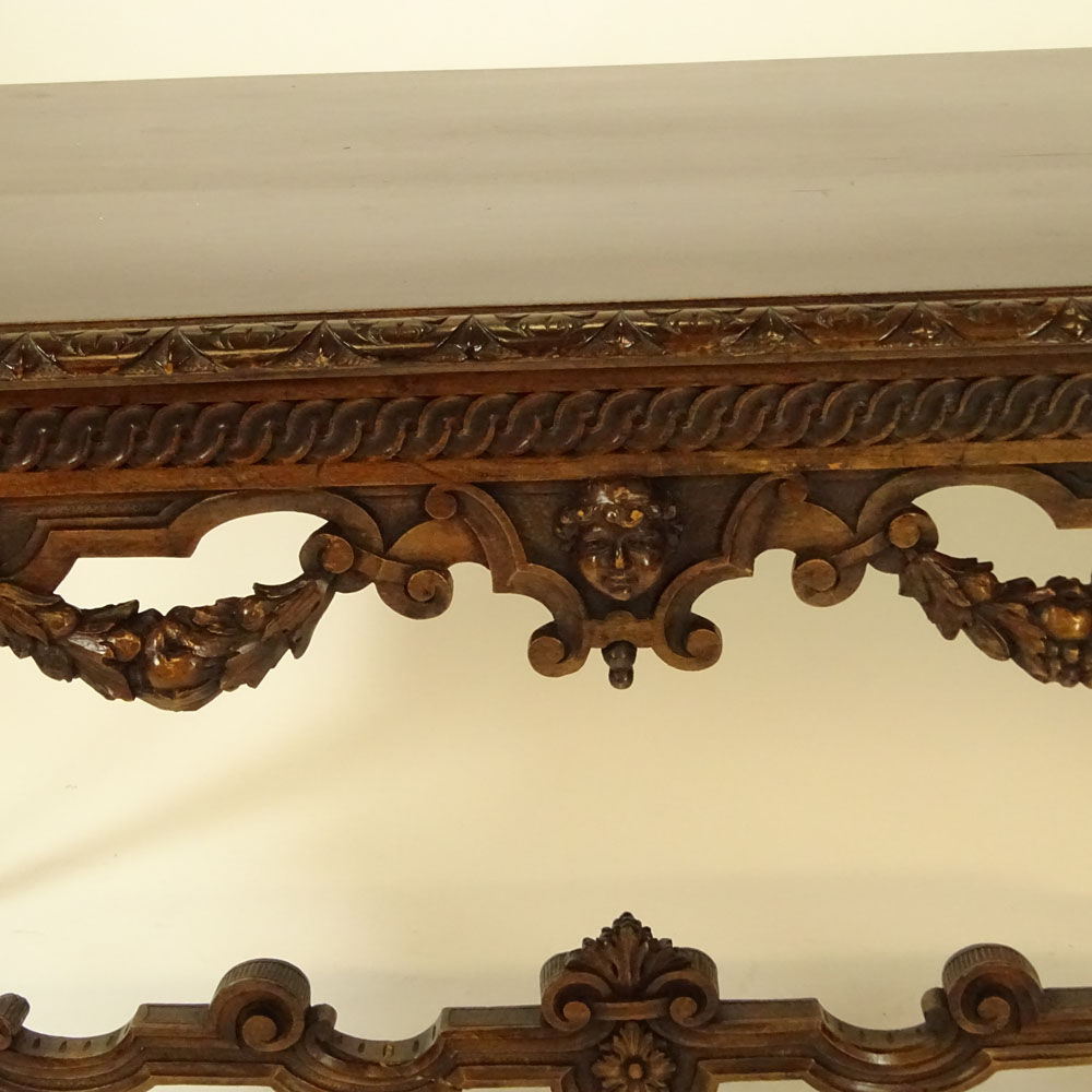 19/20th Century French Carved Walnut Center Table, With Carved Swag and Mask Decoration. 