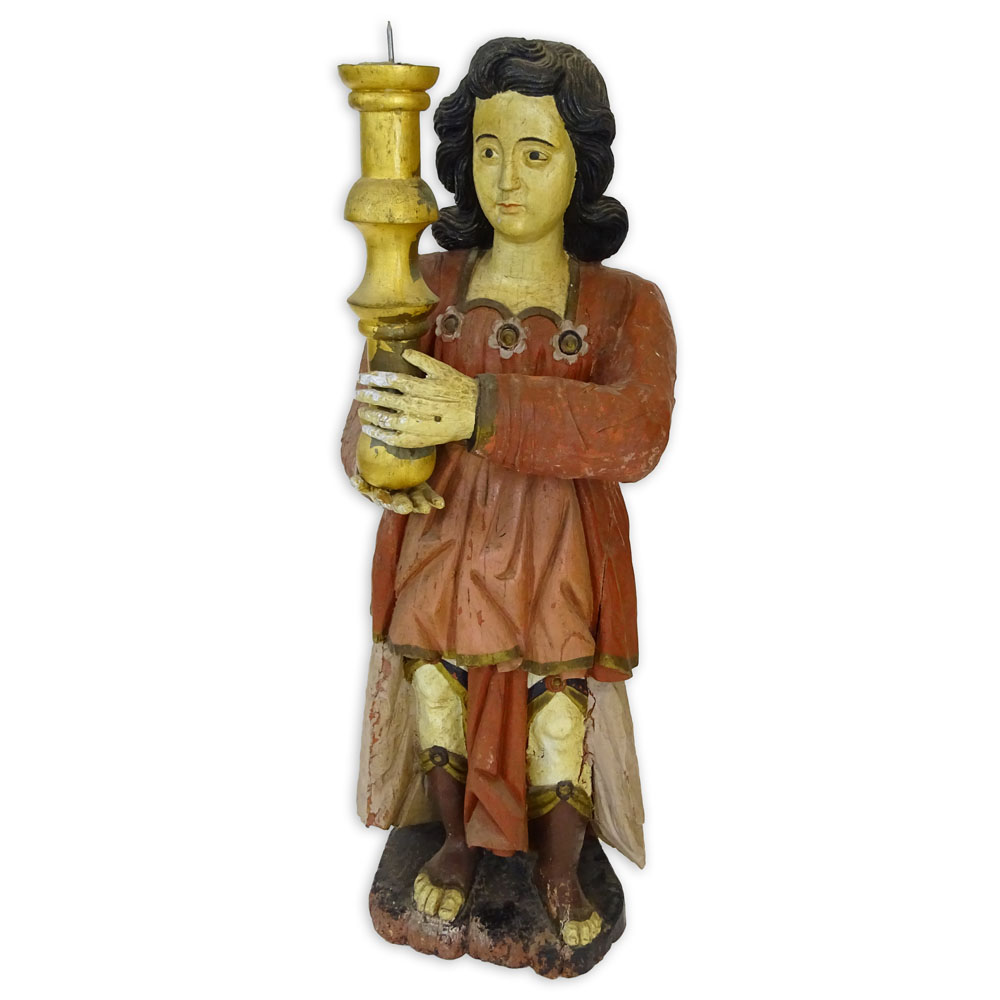 Early 20th Century Italian Carved Painted Wood Santos Figural Candleholder.