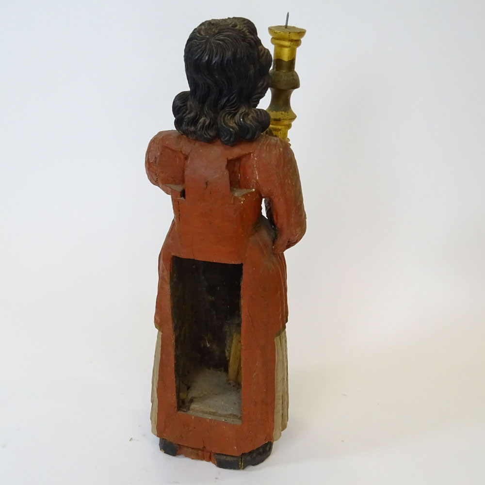 Early 20th Century Italian Carved Painted Wood Santos Figural Candleholder.