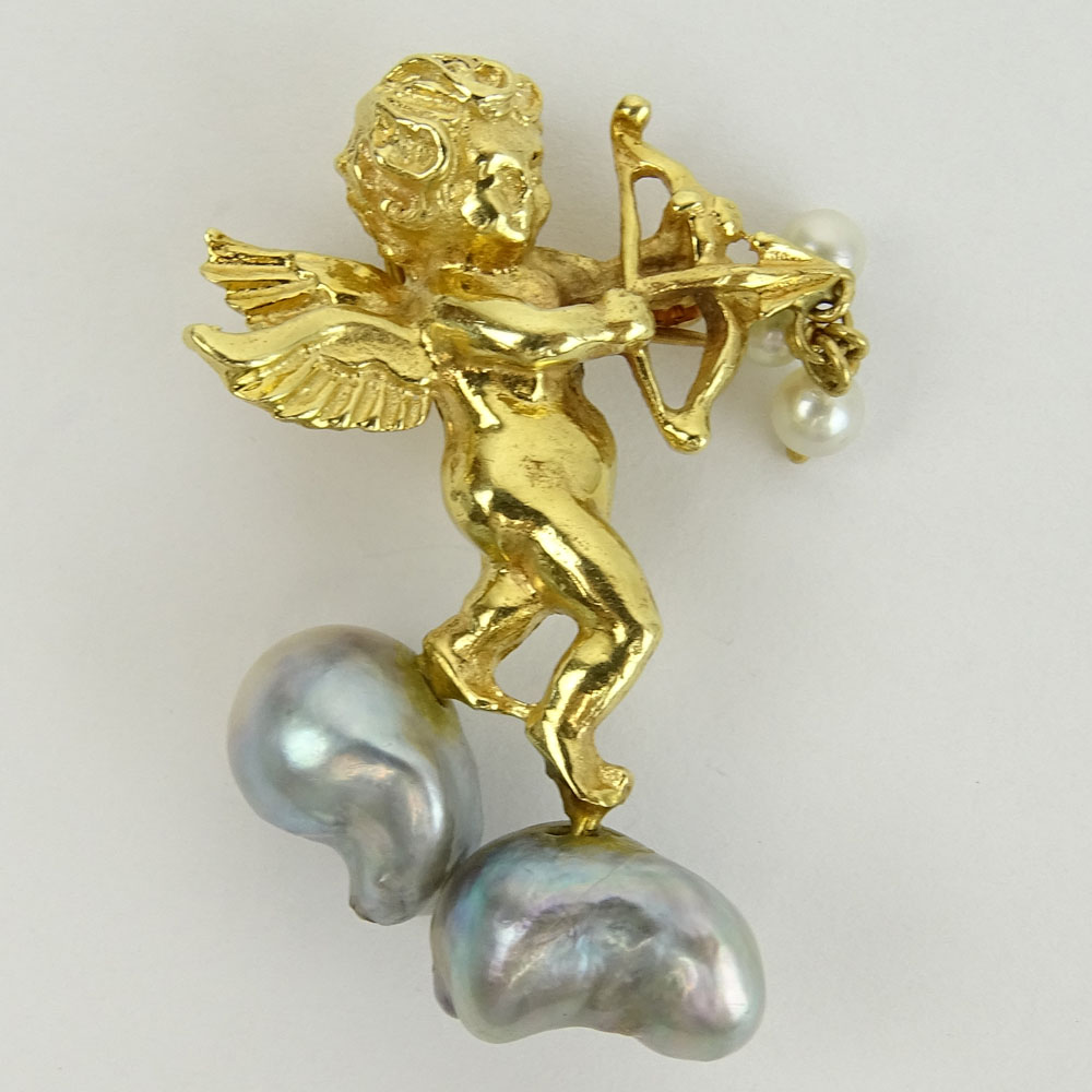 Vintage 14 Karat Yellow Gold and Pearl Cherub Pendant Brooch. Signed 14K.