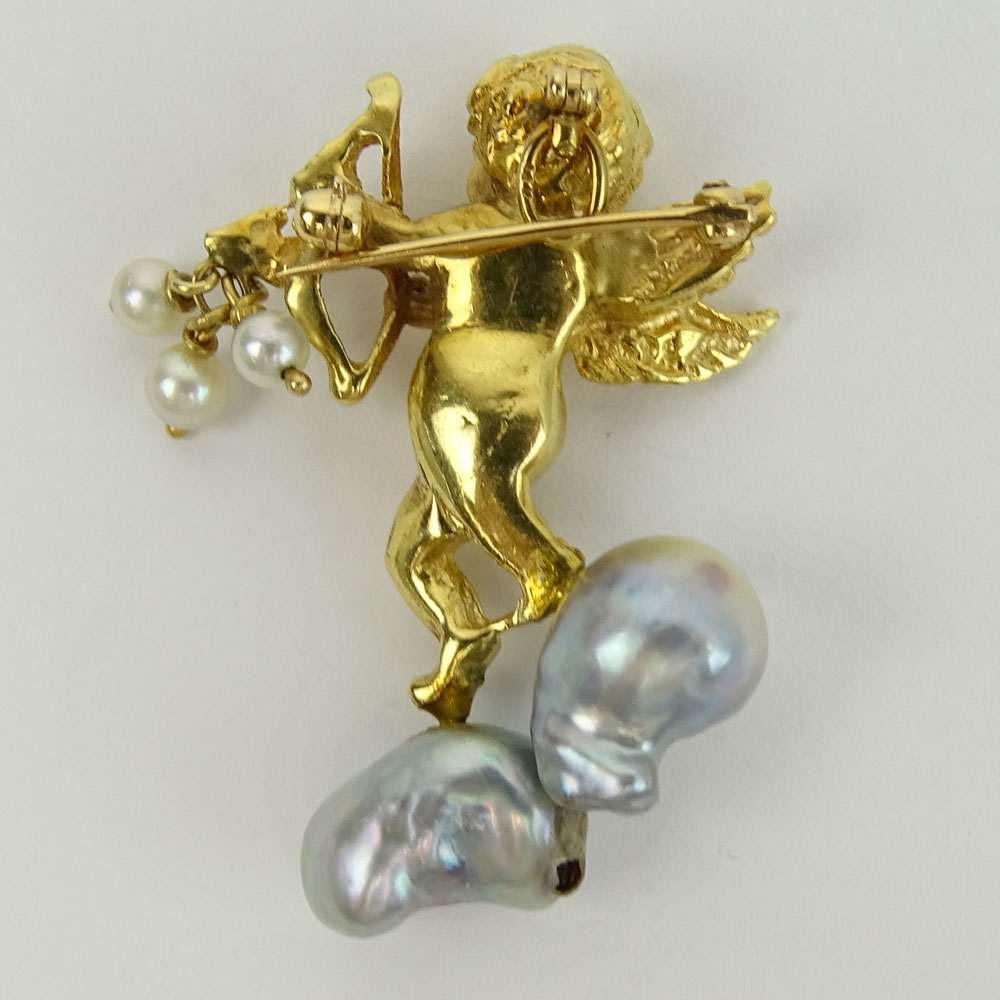 Vintage 14 Karat Yellow Gold and Pearl Cherub Pendant Brooch. Signed 14K.