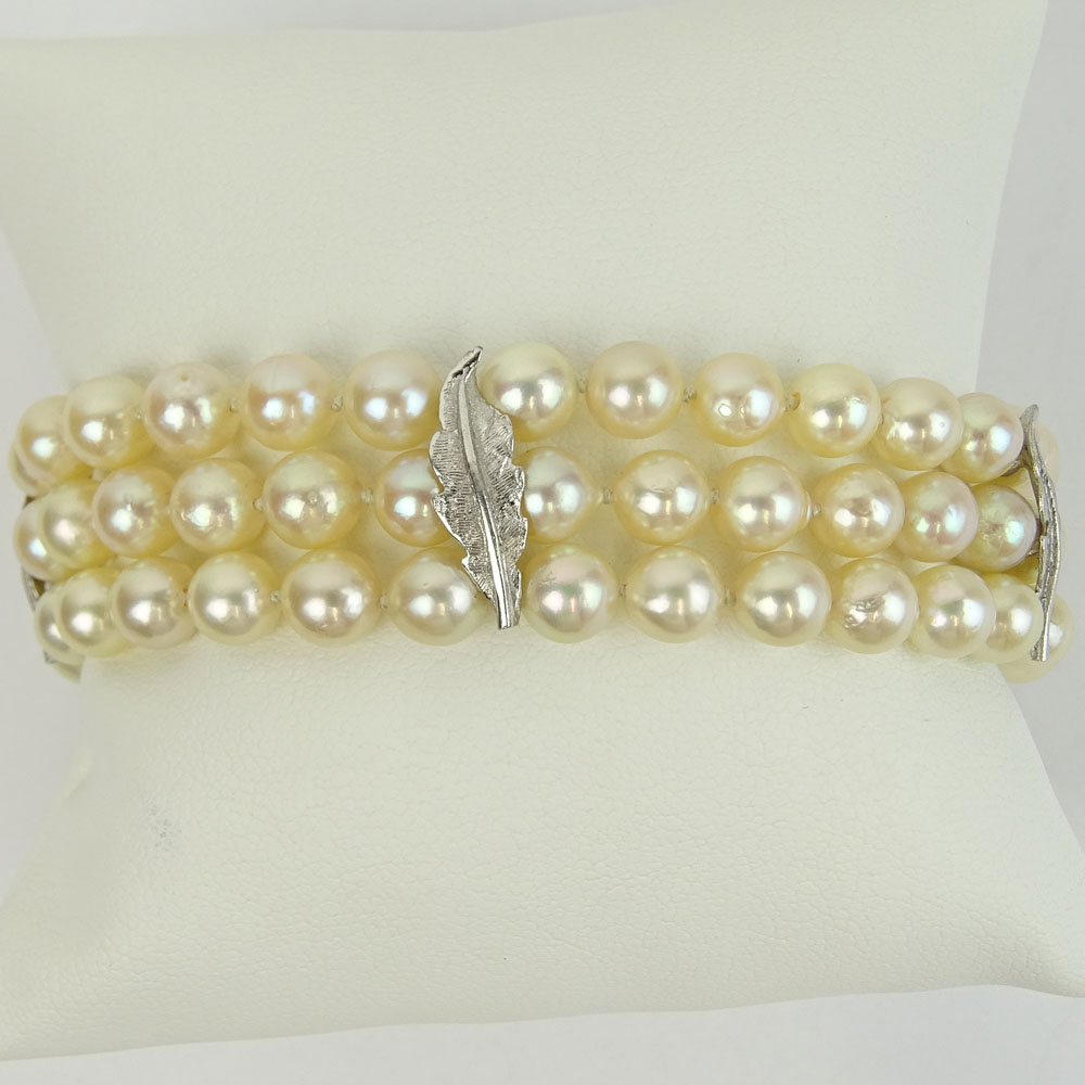 Vintage Three Strand Pearl and 14 Karat White Gold Bracelet.