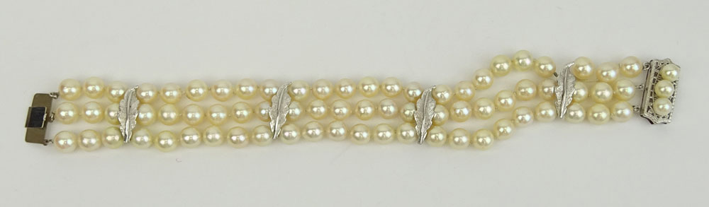 Vintage Three Strand Pearl and 14 Karat White Gold Bracelet.