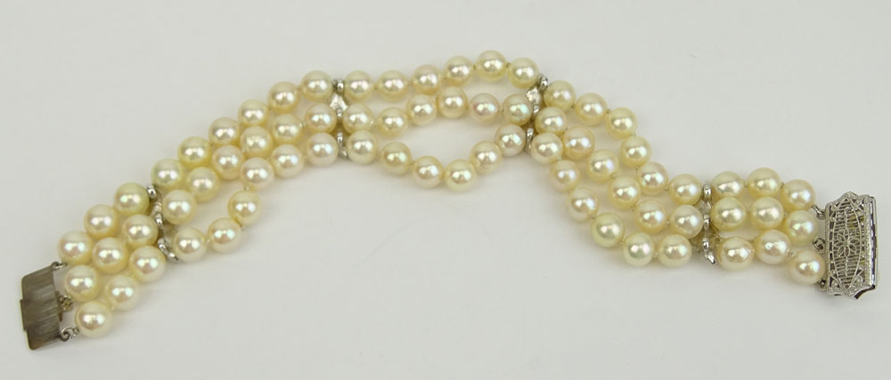 Vintage Three Strand Pearl and 14 Karat White Gold Bracelet.