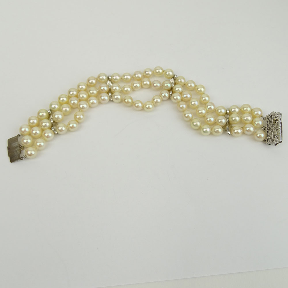 Vintage Three Strand Pearl and 14 Karat White Gold Bracelet.