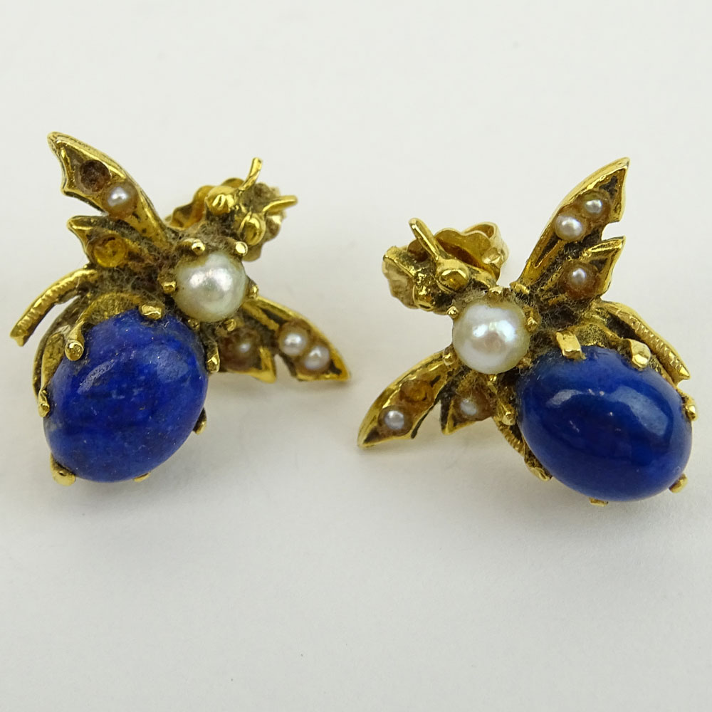 Three (3) Pair of Vintage 14 Karat Yellow Gold Earrings, One with Mabe Pearl and Onyx, One with Lapis and Seed Pearl. Signed 14K. 