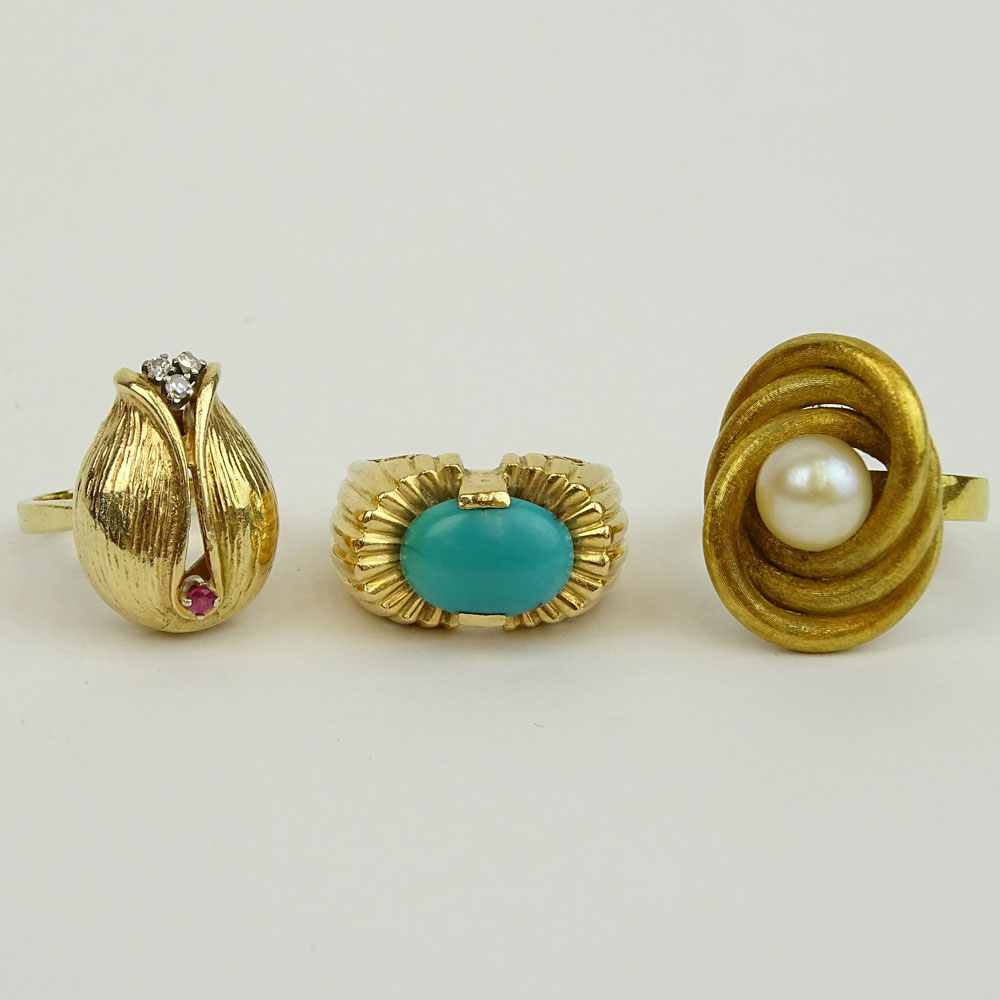Three (3) Vintage 14 Karat Yellow Gold Rings, One with Turquoise, One with Pearl, One with Small Diamonds and Ruby.