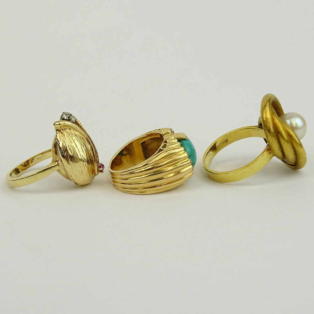 Three (3) Vintage 14 Karat Yellow Gold Rings, One with Turquoise, One with Pearl, One with Small Diamonds and Ruby.