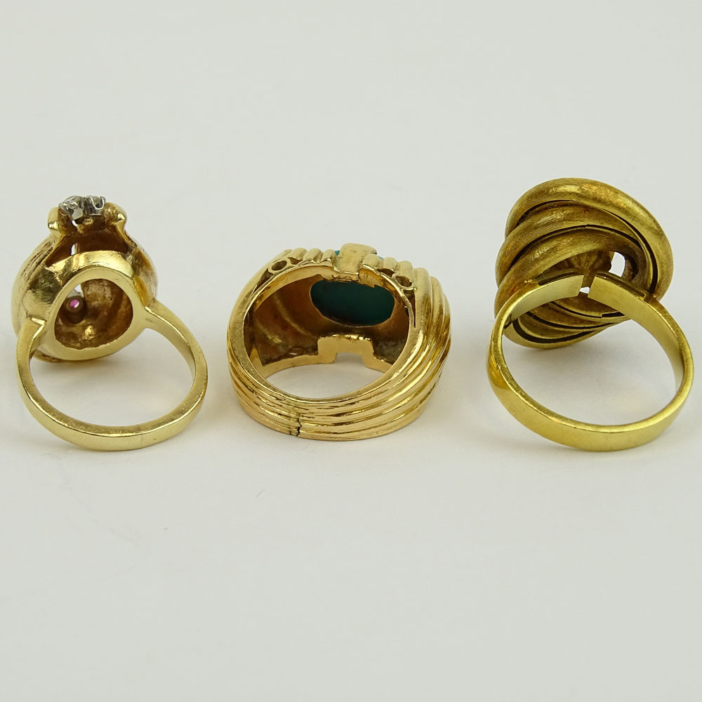 Three (3) Vintage 14 Karat Yellow Gold Rings, One with Turquoise, One with Pearl, One with Small Diamonds and Ruby.